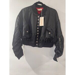 Choosy Womens Black Satin Bomber Jacket Size 20 With Button Details & Red Lining